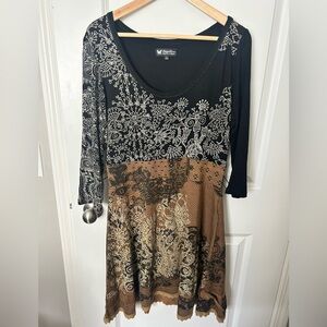 Papillon Blanc Black and Brown Printed Long Sleeve Midi Dress, size large